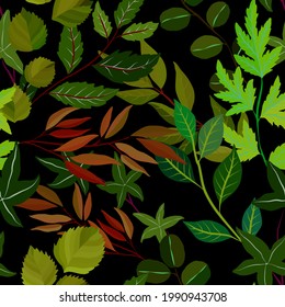 Botanical seamless pattern with leaves. Bright summer or spring print for any purposes. Colorful hand drawn illustration. Vintage natural pattern. Organic background.	