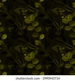 Botanical seamless pattern with leaves. Bright summer or spring print for any purposes. Colorful hand drawn illustration. Vintage natural pattern. Organic background.	