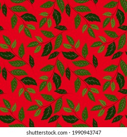 Botanical seamless pattern with leaves. Bright summer or spring print for any purposes. Colorful hand drawn illustration. Vintage natural pattern. Organic background.	