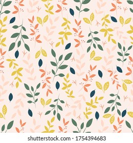 Botanical seamless pattern. Leaves and flowers wallpapers. Florals background.