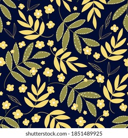 Botanical seamless pattern with leaves and flowers. Floral abstract print design for wallpaper, wrap paper or fabric. Vector hand drawn background.