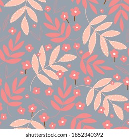Botanical seamless pattern with leaves and flowers. Floral abstract print design for wallpaper, wrap paper or fabric. Vector hand drawn background.