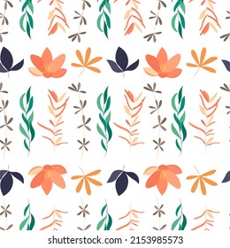 Patrón botánico sin costuras con hojas y flores sobre fondo blanco. Papel de flores y hojas. Fondo florístico