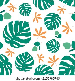 Botanical seamless pattern with leaves and flowers on white background. Leaves and flowers wallpapers. Florals background