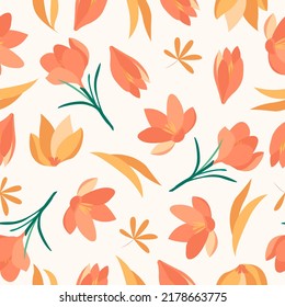 Botanical seamless pattern with leaves and flowers on white background. Leaves and flowers wallpapers. Florals background