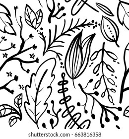 Botanical seamless pattern with leaves, herbs and wild flowers. Hand drawn floral illustration. Sketch style vector 