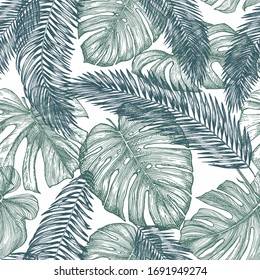 Botanical seamless pattern with leaves of tropical plants on white background. Hand-drawn outlines was converted in vector image. Exotic plants mint green colour. Jungle foliage illustration. Paradise