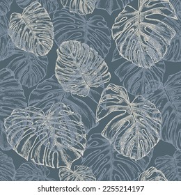 Botanical seamless pattern with leaves of tropical plants on dark gray background. Pen and ink hand-drawn outlines. Vector image. Exotic plants in neutral colors. Jungle foliage illustration.