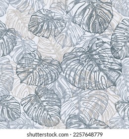 Botanical seamless pattern with leaves of tropical plants on white background. Pen and ink hand-drawn outlines. Vector image. Exotic plants in neutral colors. Jungle foliage illustration.