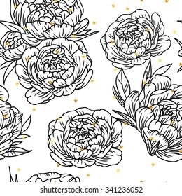 Botanical seamless pattern with line flowers roses and peonies and golden stars