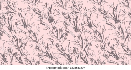 Botanical seamless pattern with line hand drawn flowers daffodils, narcissus on pink background. For wallpaper, interior fabric, textile design.Vector Illustration