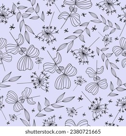 Botanical seamless pattern. Linear doodle style. Minimalist plants with wide and narrow leaves, elegant flowers. Dull purple background. For wallpaper, textiles, wrapping paper.