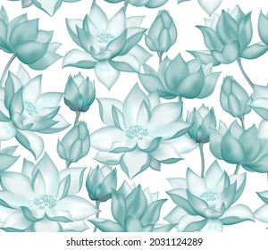 Botanical seamless pattern, lotus flowers and buds background. Tropical flowers, lotus buds vector seamless floral pattern background. Water lilies.