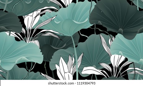 Botanical seamless pattern, lotus leaves, plants and vines on black background Botanical seamless pattern, lotus leaves, plants and vines on black background