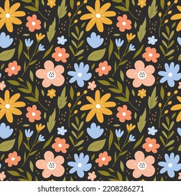 Patrón botánico sin costura con flores praderas y hojas sobre fondo oscuro. Ilustración vectorial en estilo plano dibujado a mano. Perfecto para decoraciones, papel pintado, papel envolvente, tela. Impresión floral.