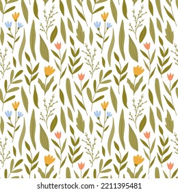 Botanical seamless pattern with meadow flowers, leaves and branches. Vector illustration in hand-drawn flat style. Perfect for decorations, wallpaper, wrapping paper, fabric. Floral background.