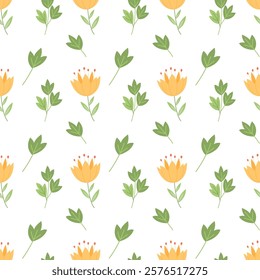 Botanical seamless pattern with meadow flowers, leaves and branches hand drawn flat illustration