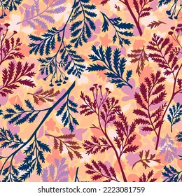 Botanical seamless pattern. Meadow foliage, stems and leaves on flat simple floral texture. Nature sophisticated background for fabric, textile, fashion design, surface or wrapping.