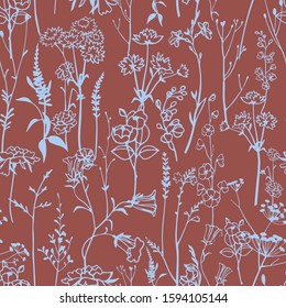 Botanical seamless pattern. Meadow herbs, plants, flowers. Line outline graphic drawing. Elegant floral silhouettes. Herbaruim style ornament.
