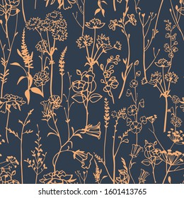 Botanical seamless pattern. Meadow herbs, plants, flowers. Line outline graphic drawing. Elegant floral silhouettes. Herbaruim style ornament.