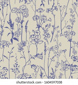 Botanical seamless pattern. Meadow herbs, plants, flowers. Line outline graphic drawing. Elegant floral silhouettes. Herbaruim style ornament.