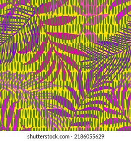 Botanical seamless pattern mixed with dashed lines print texture. Hand drawn fantasy exotic sprigs and leafage. Floral background made of herbal foliage and leaves for fashion,  textile and fabric.