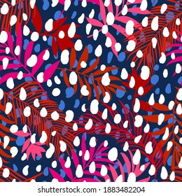 Botanical seamless pattern mixed with dotted print texture. Hand drawn exotic twigs, sprigs and leafage. Floral background made of herbal foliage leaves for fashion, textile, fabric.