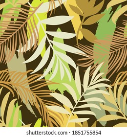 Patrón ininterrumpido botánico mezclado con formas geométricas pincel de trazos textura. Espadas exóticas y follaje. Fondo floral hecho de follaje herbal y hojas para la moda, textil y tejido.