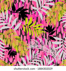 Botanical seamless pattern mixed with geometric shapes brush strokes texture. Exotic sprigs and leafage. Floral background made of herbal foliage and leaves for fashion,  textile and fabric.