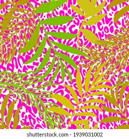 Botanical seamless pattern mixed with leopard spots skin print texture. Hand drawn fantasy exotic sprigs and leafage. Floral background made of herbal foliage leaves for fashion,  textile, fabric.