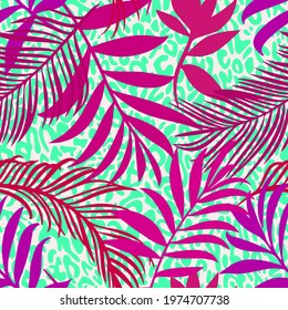 Botanical seamless pattern mixed with leopard spots skin print texture. Hand drawn fantasy exotic sprigs and leafage. Floral background made of herbal foliage leaves for fashion,  textile, fabric.