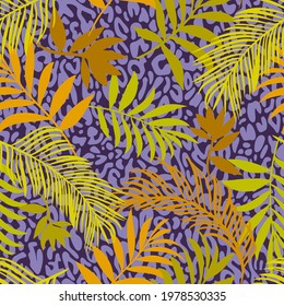 Botanical seamless pattern mixed with leopard spots skin print texture. Hand drawn fantasy exotic sprigs and leafage. Floral background made of herbal foliage leaves for fashion,  textile, fabric.