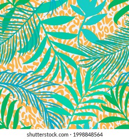 Botanical seamless pattern mixed with leopard spots skin print texture. Hand drawn fantasy exotic sprigs and leafage. Floral background made of herbal foliage leaves for fashion,  textile, fabric.