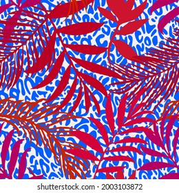 Botanical seamless pattern mixed with leopard spots skin print texture. Hand drawn fantasy exotic sprigs and leafage. Floral background made of herbal foliage leaves for fashion,  textile, fabric.