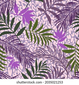 Botanical seamless pattern mixed with leopard spots skin print texture. Hand drawn fantasy exotic sprigs and leafage. Floral background made of herbal foliage leaves for fashion,  textile, fabric.
