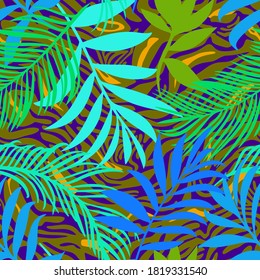 Botanical seamless pattern mixed with tiger zebra stripes skin texture. Hand drawn fantasy exotic sprigs and leafage. Floral background made of herbal foliage leaves for fashion, textile, fabric.