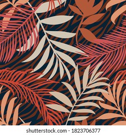 Botanical seamless pattern mixed with tiger zebra stripes skin texture. Hand drawn fantasy exotic sprigs and leafage. Floral background made of herbal foliage leaves for fashion, textile, fabric.