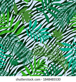 Botanical seamless pattern mixed with tiger zebra stripes skin texture. Hand drawn fantasy exotic sprigs and leafage. Floral background made of herbal foliage leaves for fashion, textile, fabric.