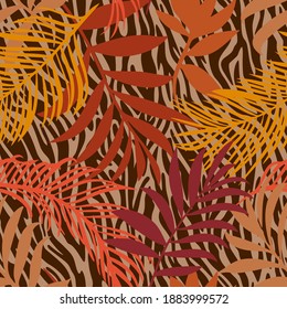 Botanical seamless pattern mixed with tiger zebra stripes skin texture. Hand drawn fantasy exotic sprigs and leafage. Floral background made of herbal foliage leaves for fashion, textile, fabric.