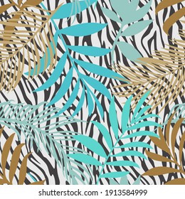 Botanical seamless pattern mixed with tiger zebra stripes skin texture. Hand drawn fantasy exotic sprigs and leafage. Floral background made of herbal foliage leaves for fashion, textile, fabric.