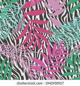 Botanical seamless pattern mixed with tiger zebra stripes skin texture. Hand drawn fantasy exotic sprigs and leafage. Floral background made of herbal foliage leaves for fashion, textile, fabric.