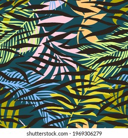 Botanical seamless pattern mixed with tiger zebra stripes skin texture. Hand drawn fantasy exotic sprigs and leafage. Floral background made of herbal foliage leaves for fashion, textile, fabric.