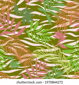 Botanical seamless pattern mixed with tiger zebra stripes skin texture. Hand drawn fantasy exotic sprigs and leafage. Floral background made of herbal foliage leaves for fashion, textile, fabric.