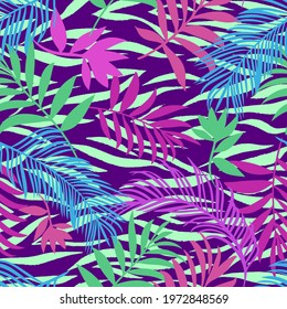 Botanical seamless pattern mixed with tiger zebra stripes skin texture. Hand drawn fantasy exotic sprigs and leafage. Floral background made of herbal foliage leaves for fashion, textile, fabric.