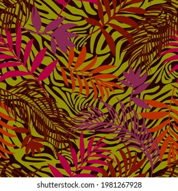 Botanical seamless pattern mixed with tiger zebra stripes skin texture. Hand drawn fantasy exotic sprigs and leafage. Floral background made of herbal foliage leaves for fashion, textile, fabric.