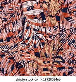 Botanical seamless pattern mixed with tiger zebra stripes skin texture. Hand drawn fantasy exotic sprigs and leafage. Floral background made of herbal foliage leaves for fashion, textile, fabric.