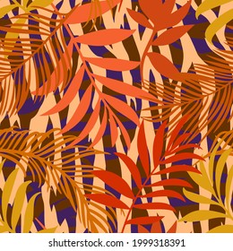 Botanical seamless pattern mixed with tiger zebra stripes skin texture. Hand drawn fantasy exotic sprigs and leafage. Floral background made of herbal foliage leaves for fashion, textile, fabric.