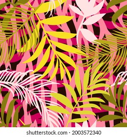 Botanical seamless pattern mixed with tiger zebra stripes skin texture. Hand drawn fantasy exotic sprigs and leafage. Floral background made of herbal foliage leaves for fashion, textile, fabric.