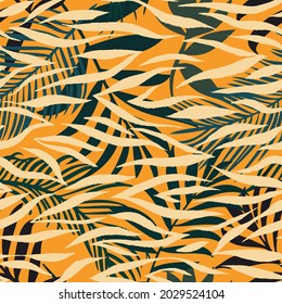 Botanical seamless pattern mixed with tiger zebra stripes skin texture. Hand drawn fantasy exotic sprigs and leafage. Floral background made of herbal foliage leaves for fashion, textile, fabric.