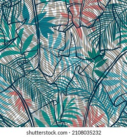 Botanical seamless pattern mixed with tiger zebra stripes skin texture. Hand drawn fantasy exotic sprigs and leafage. Floral background made of herbal foliage leaves for fashion, textile, fabric.